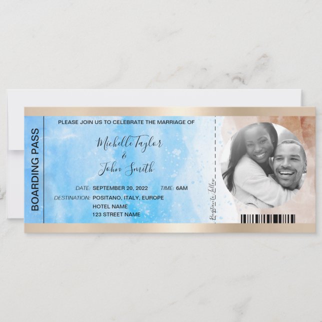 Invitation Destination Mariage Pass Embarquement Plage Ocean  (Devant)