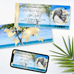 Invitation Destination Mariage Pass Embarquement Plage Ocean<br><div class="desc">Carte d'embarquement de destination Billet Watercolor Plage et Océan Invitation avec icône coeur et avion,  ajoutez votre photo</div>