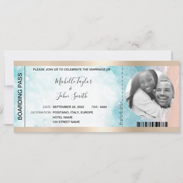 Invitation Destination Mariage Pass Embarquement Plage Ocean  (Devant)
