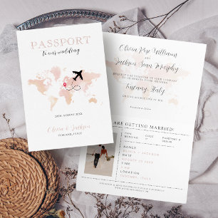 Invitation Destination Mariage Passeport Blush Pink World Car