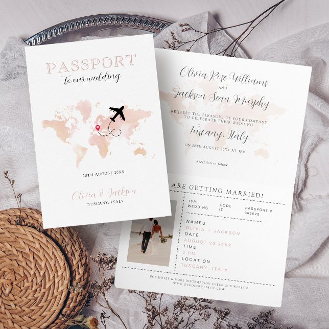 Invitation Destination Mariage Passeport Blush Pink World Car (Créateur téléchargé)