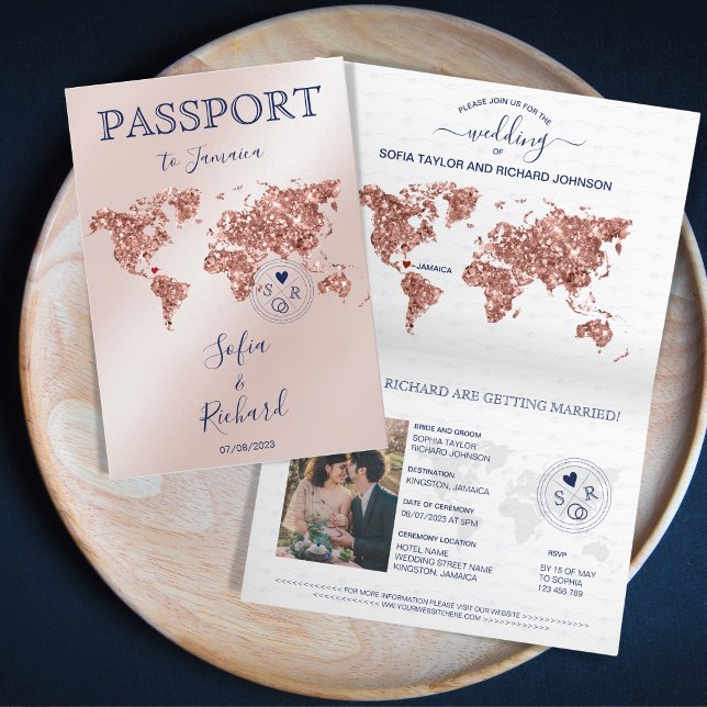 Invitation Destination Mariage Passport World Map Rose Gold (rose gold world map, blush pink and navy passport invitation)