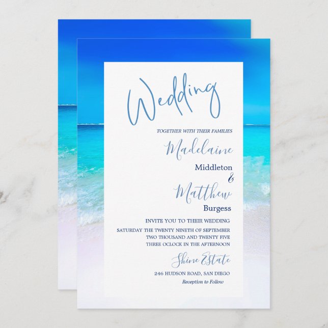 Invitation Destination Mariage Plage Océan bleu Moderne (Devant / Derrière)