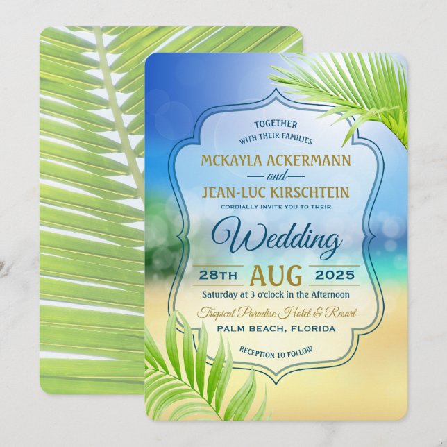Invitation Destination Mariage Plage Tropical Palm Tree Leaf (Devant / Derrière)