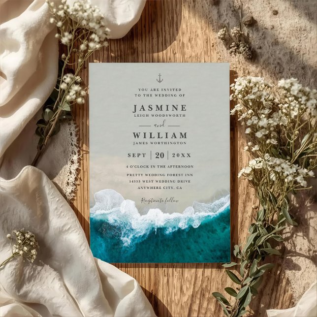 Invitation Destination Mer Bleue Élégant Mariage Code QR (Créateur téléchargé)