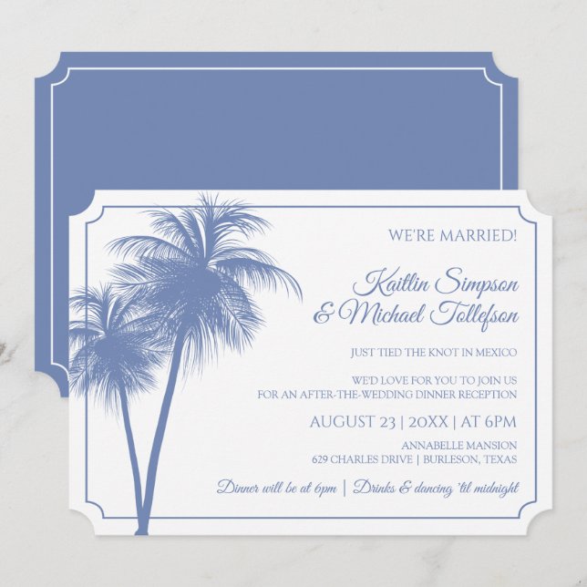 Invitation Destination Palmier | Bleu Barbeau (Devant / Derrière)