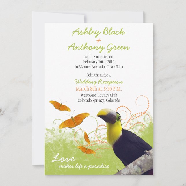 Invitation Destination Tropical Toucan Réception de mariage u (Devant)