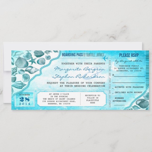 Invitation destination turquoise billets de mariage invitatio (Devant)