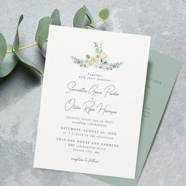Invitation Détail de mariage au magnolia blanc élégant et euc (Elegant White Magnolia Eucalyptus Wedding Detail Invitation)