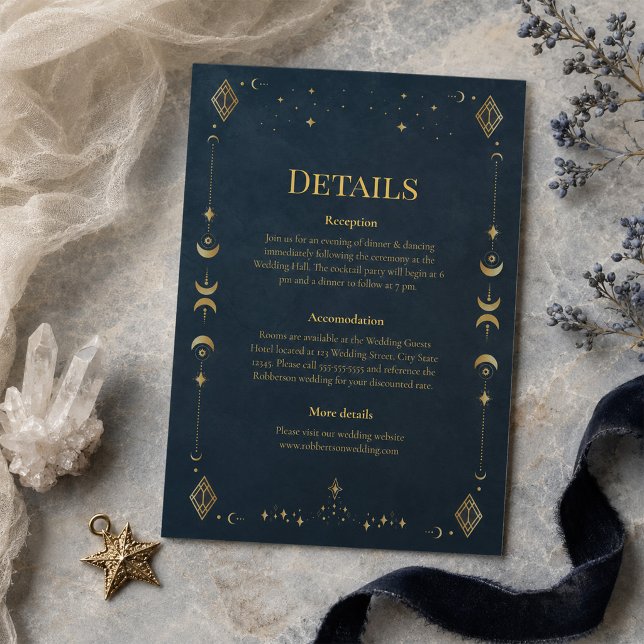 Invitation Détail de mariage gothique céleste bleu de minuit  (Celestial Gothic Midnight Blue Gold Wedding Detail Invitation)