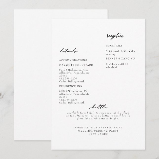 Invitation Détail de mariage simple moderne blanc (Devant / Derrière)