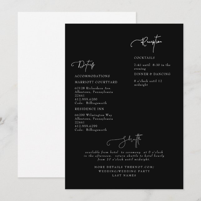 Invitation détaillée de mariage noir (Devant / Derrière)