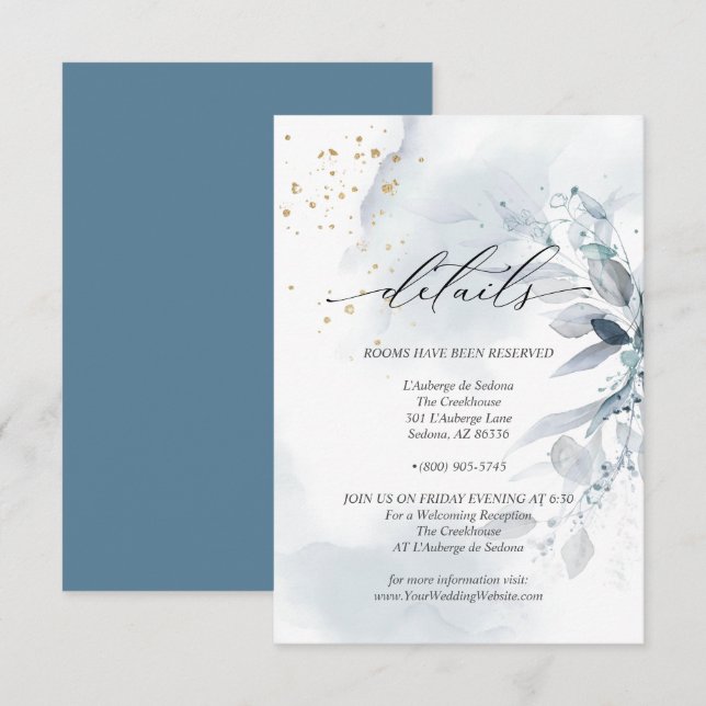 Invitation Détails 3 Feuillage à l'aquarelle Bleu Poussiéreux (Devant / Derrière)