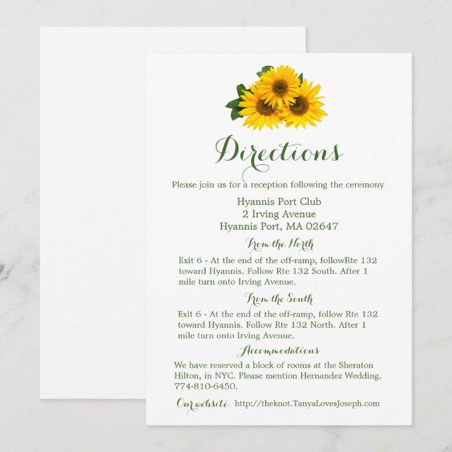 Invitation Détails de Floral Directions Tournesol jaune - Ver (Devant / Derrière)