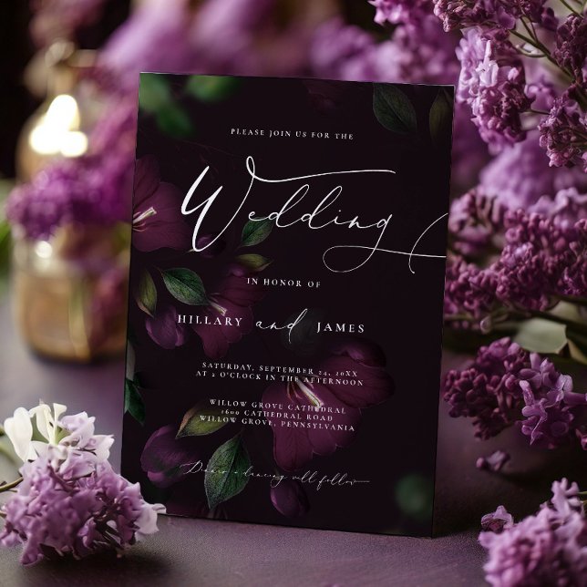 Invitation Détails de la fleur pourpre Moody Double side QR (Créateur téléchargé)