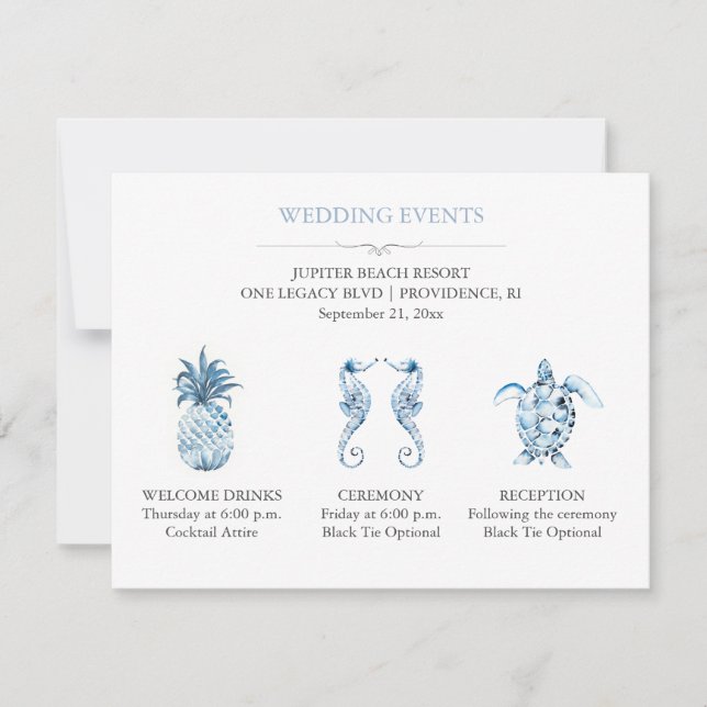 Invitation Détails de l'événement de mariage sur la plage ble (Devant)