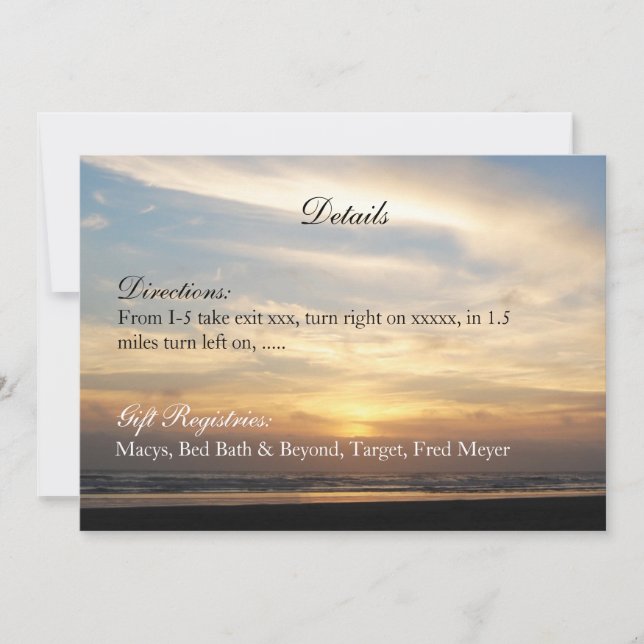 Invitation Détails de mariage à la plage au coucher du soleil (Devant)