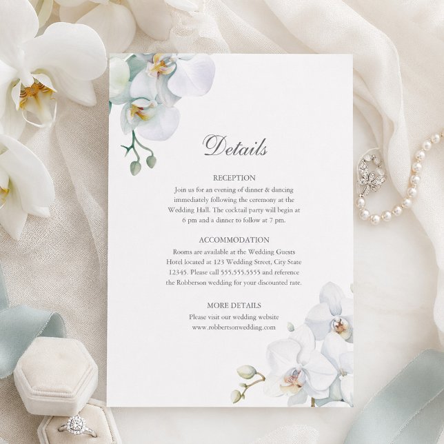 Invitation Détails de mariage aux orchidées blanches élégante (Modern Elegant White Orchids Wedding Details Invitation)