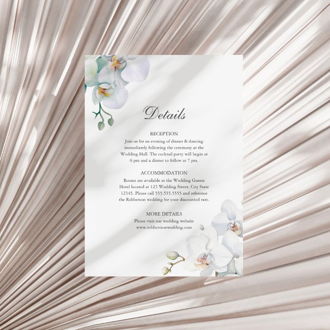 Invitation Détails de mariage aux orchidées blanches élégante (Modern Elegant White Orchids Wedding Details Invitation on  a sunny white dry palm leaf.)