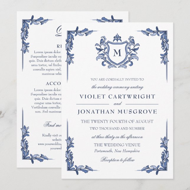 Invitation Détails de mariage avec monogramme de blason vinta (Devant / Derrière)