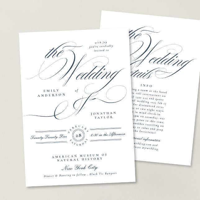 Invitation Détails de mariage bleu marine avec calligraphie é (Créateur téléchargé)