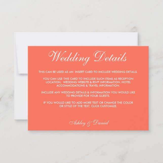 Invitation Détails de mariage corail et blanc élégants modern (Devant)
