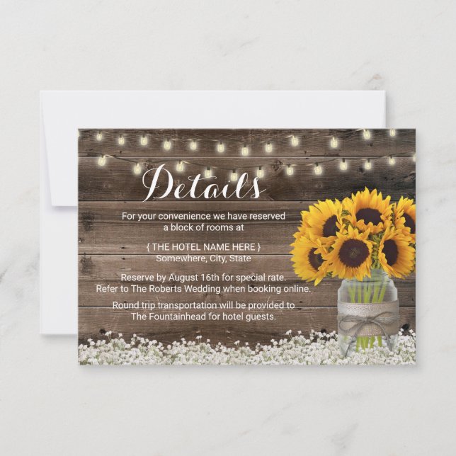 Invitation Détails de mariage de tournesols rustiques Héberge (Devant)