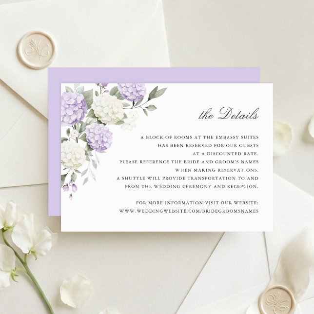 Invitation Détails de mariage de verdure d'hortensia violet f (Créateur téléchargé)