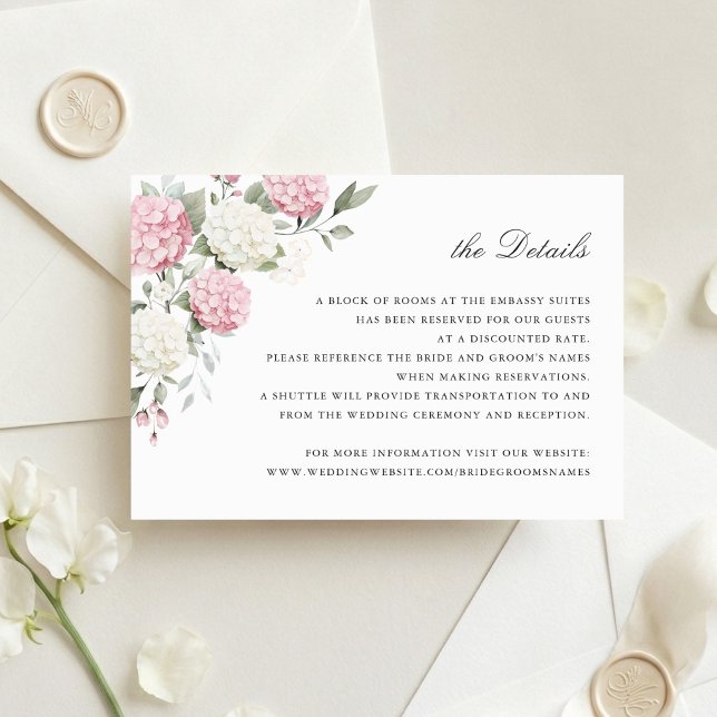 Invitation Détails de mariage de verdure d'hydrangea rose flo (Créateur téléchargé)