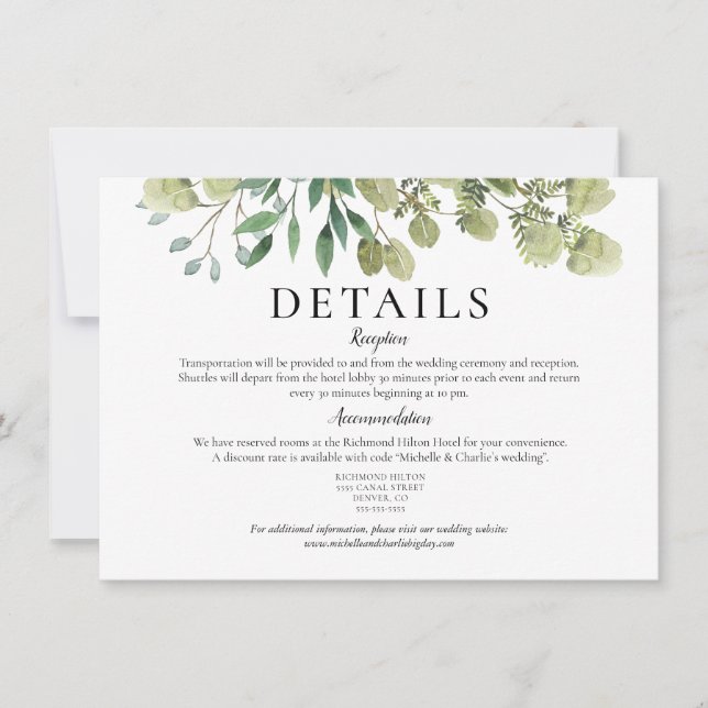Invitation Détails de mariage élégants à l'aquarelle avec ver (Devant)
