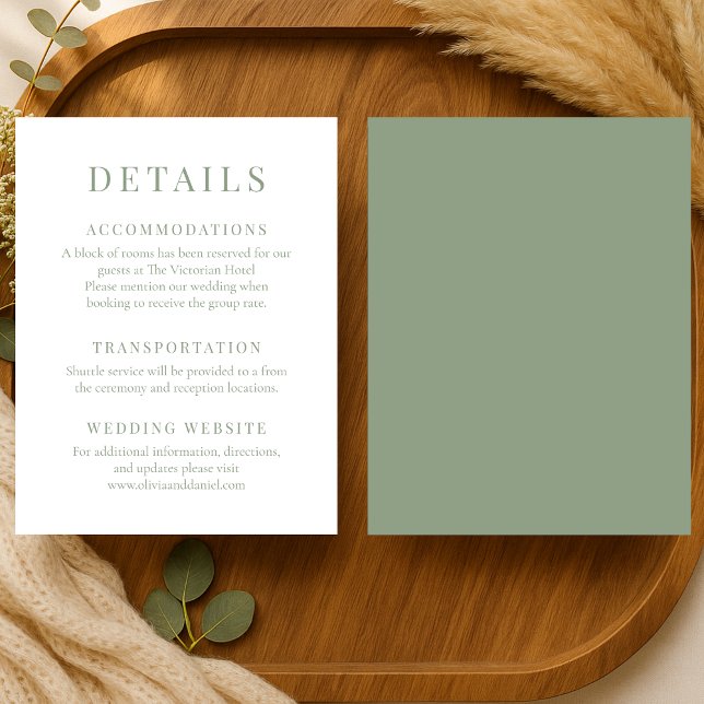 Invitation Détails de mariage élégants vert sauge (Créateur téléchargé)