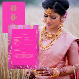 Invitation Détails de mariage ethnique indien rose et or