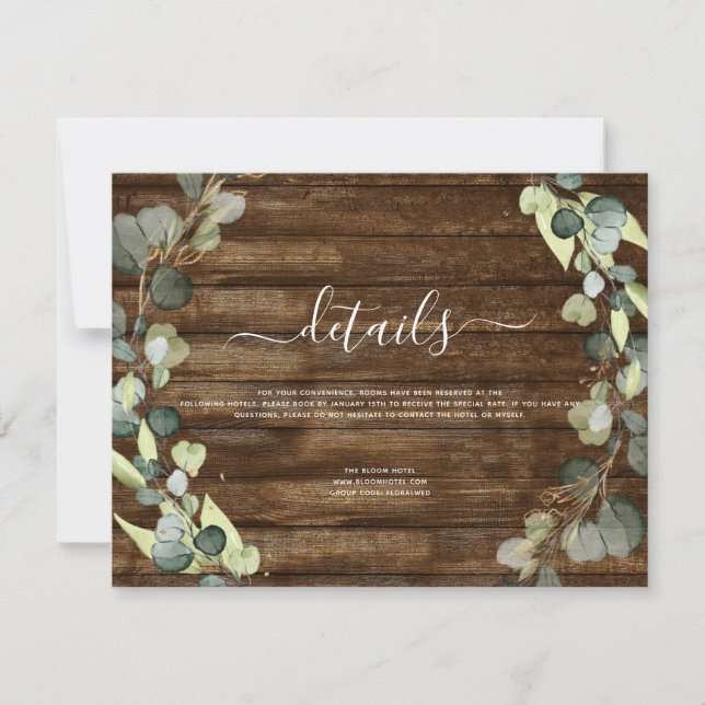 Invitation Détails de mariage Eucalyptus Verdure Bois rustiqu (Devant)
