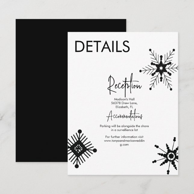 Invitation Détails de mariage flocon de neige noir moderne (Devant / Derrière)