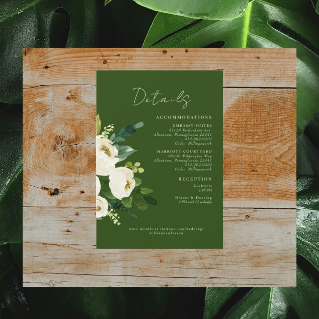Invitation Détails de mariage floral blanc et vert (Créateur téléchargé)