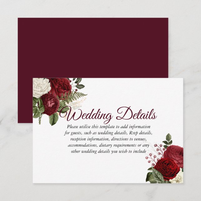 Invitation Détails de mariage floral blanc rouge burgundy élé (Devant / Derrière)
