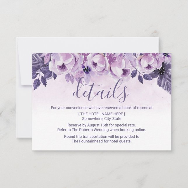 Invitation Détails de mariage floral pourpre aquarelle (Devant)