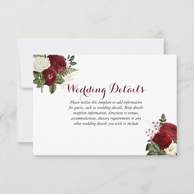 Invitation Détails de mariage floraux blancs rouges de Bourgo (Devant)