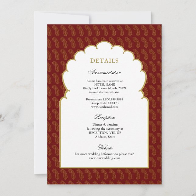 Invitation Détails de mariage indien rouge et or  (Devant)
