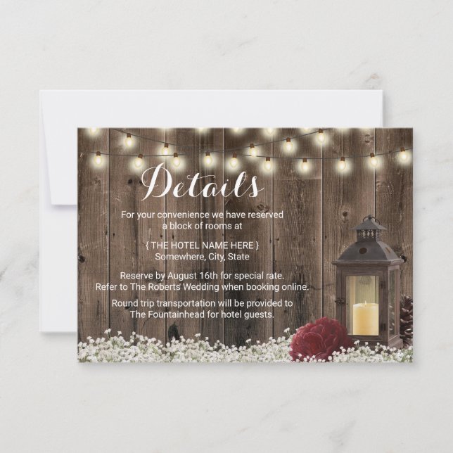 Invitation Détails de mariage Lanterne Rustique et Fleur Bour (Devant)