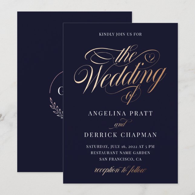 Invitation Détails de mariage Luxe Navy Or Script (Devant / Derrière)