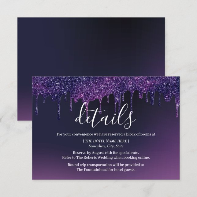 Invitation Détails de mariage moderne avec des gouttes violet (Devant / Derrière)