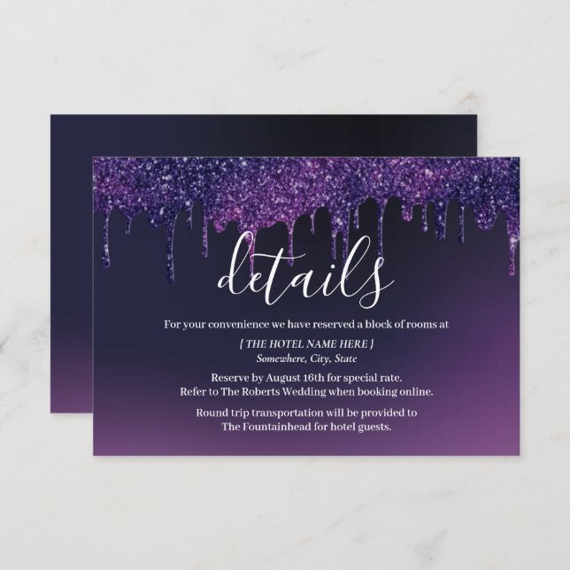 Invitation Détails de mariage moderne avec gouttes violettes  (Devant / Derrière)