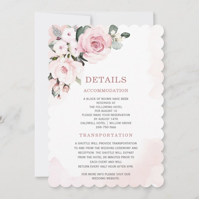Invitation Détails de mariage modernes rose poussiéreuse et g (Devant)