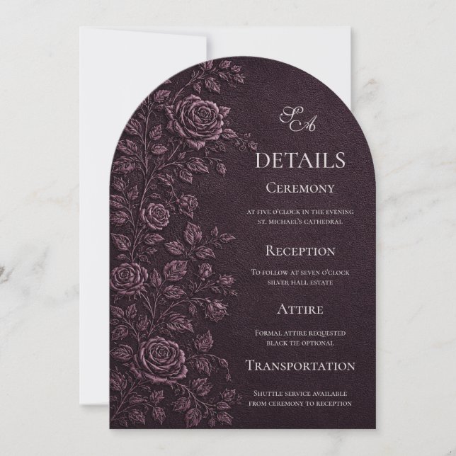 Invitation Détails de mariage Rose Faux Emboss Prune Foncé (Devant)