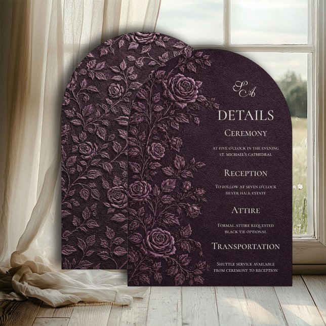 Invitation Détails de mariage Rose Faux Relief Prune Foncé (Créateur téléchargé)
