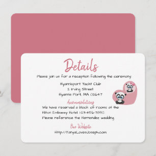 Invitation Détails de mariage rose Oursons pandas à coeur