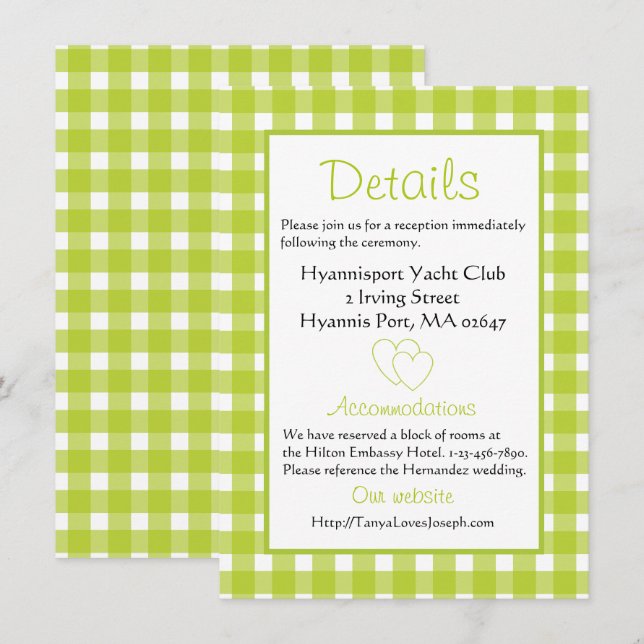 Invitation Détails de mariage rustique Gingham Vert carreaux  (Devant / Derrière)