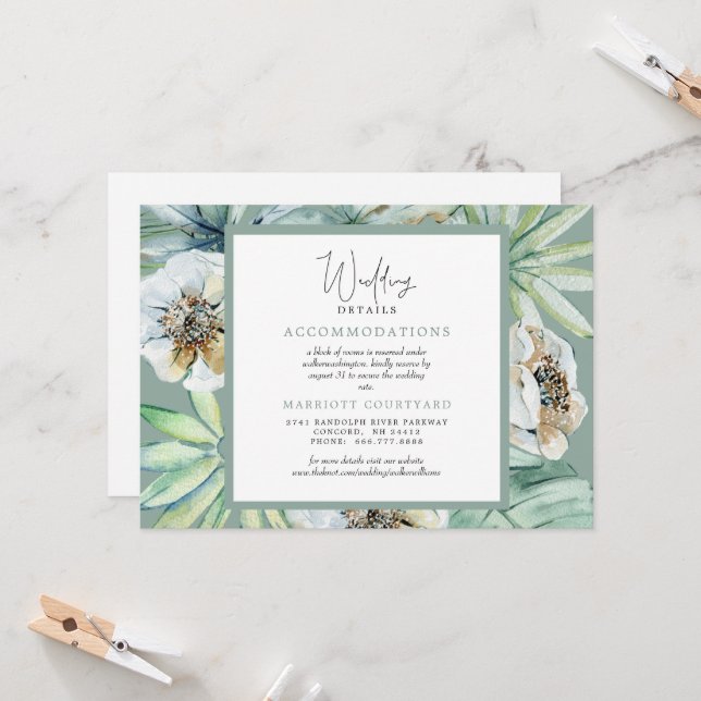 Invitation Détails de mariage simple feuillage tropical Sage  (Devant/Arrière en situation)
