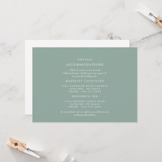 Invitation Détails de mariage Simple Sage 2 Hôtel (Devant/Arrière en situation)